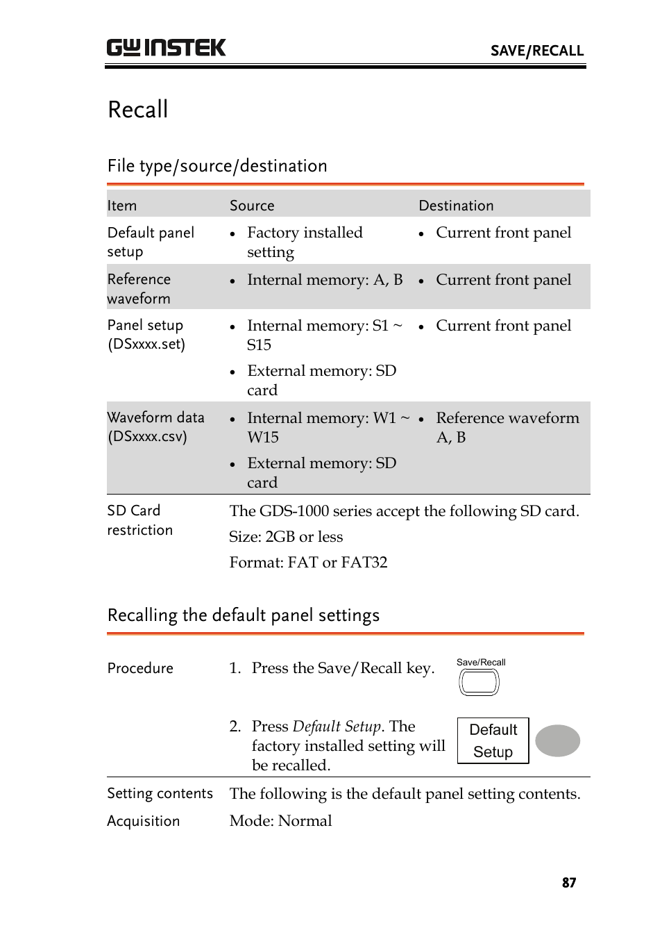 Recall, File type/source/destination, Recalling the default panel settings | GW Instek GDS-1000 Series User Manual User Manual | Page 87 / 107