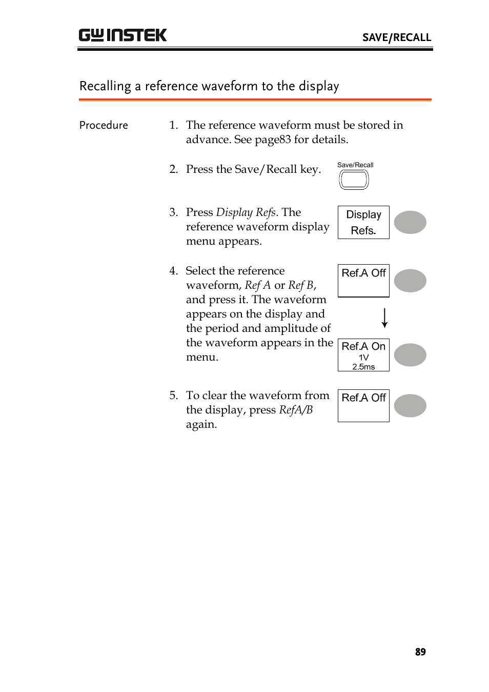 Recalling a reference waveform to the display | GW Instek GDS-1000 Series User Manual User Manual | Page 89 / 107