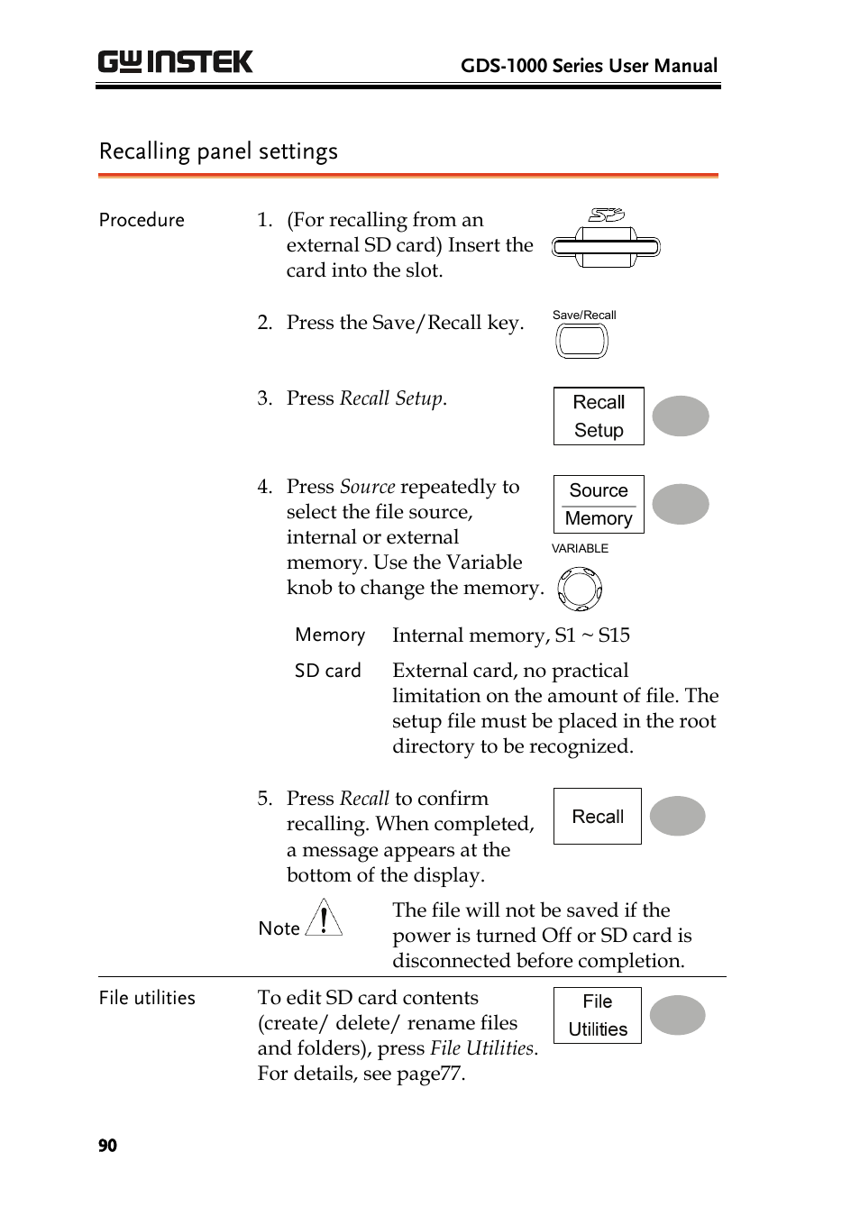 Recalling panel settings | GW Instek GDS-1000 Series User Manual User Manual | Page 90 / 107