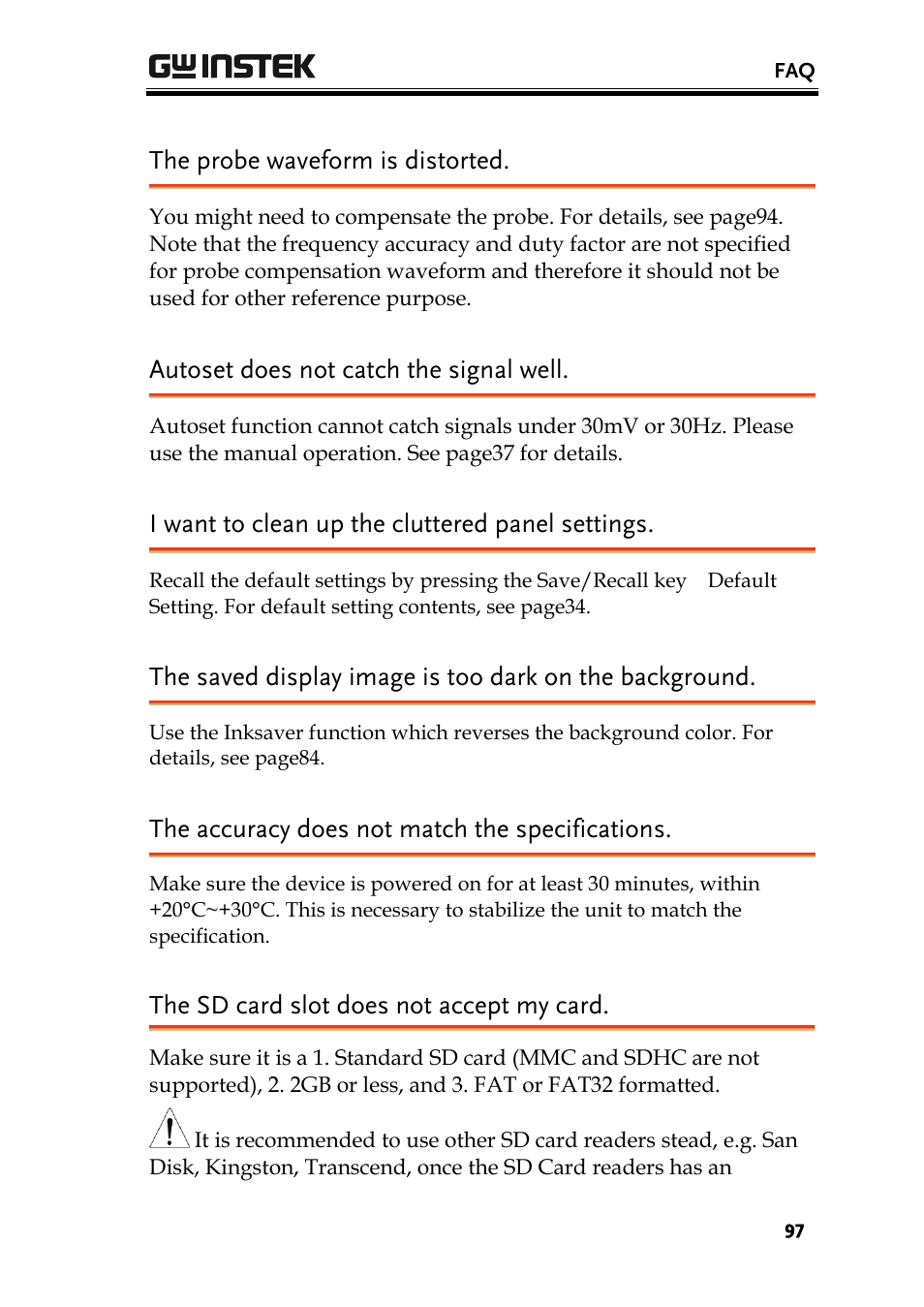 The probe waveform is distorted, Autoset does not catch the signal well, I want to clean up the cluttered panel settings | The accuracy does not match the specifications, The sd card slot does not accept my card | GW Instek GDS-1000 Series User Manual User Manual | Page 97 / 107