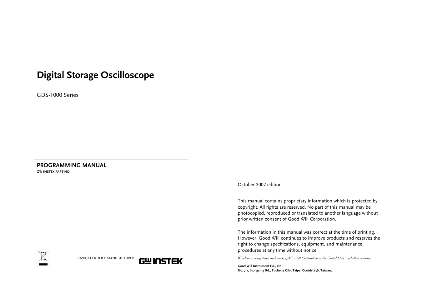 GW Instek GDS-1000 Series Programming Manual User Manual | 29 pages
