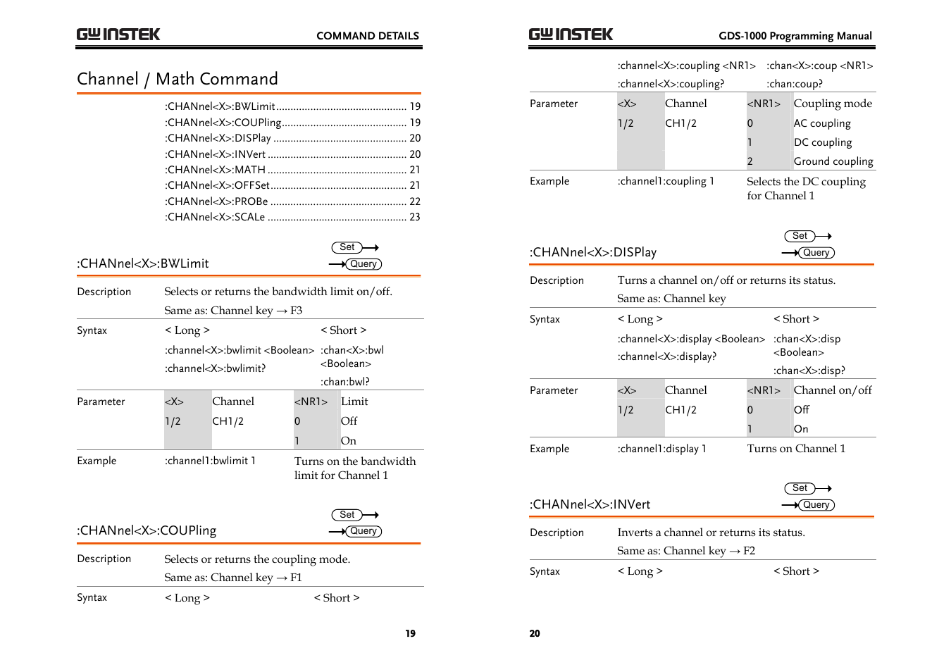 Channel / math command | GW Instek GDS-1000 Series Programming Manual User Manual | Page 10 / 29