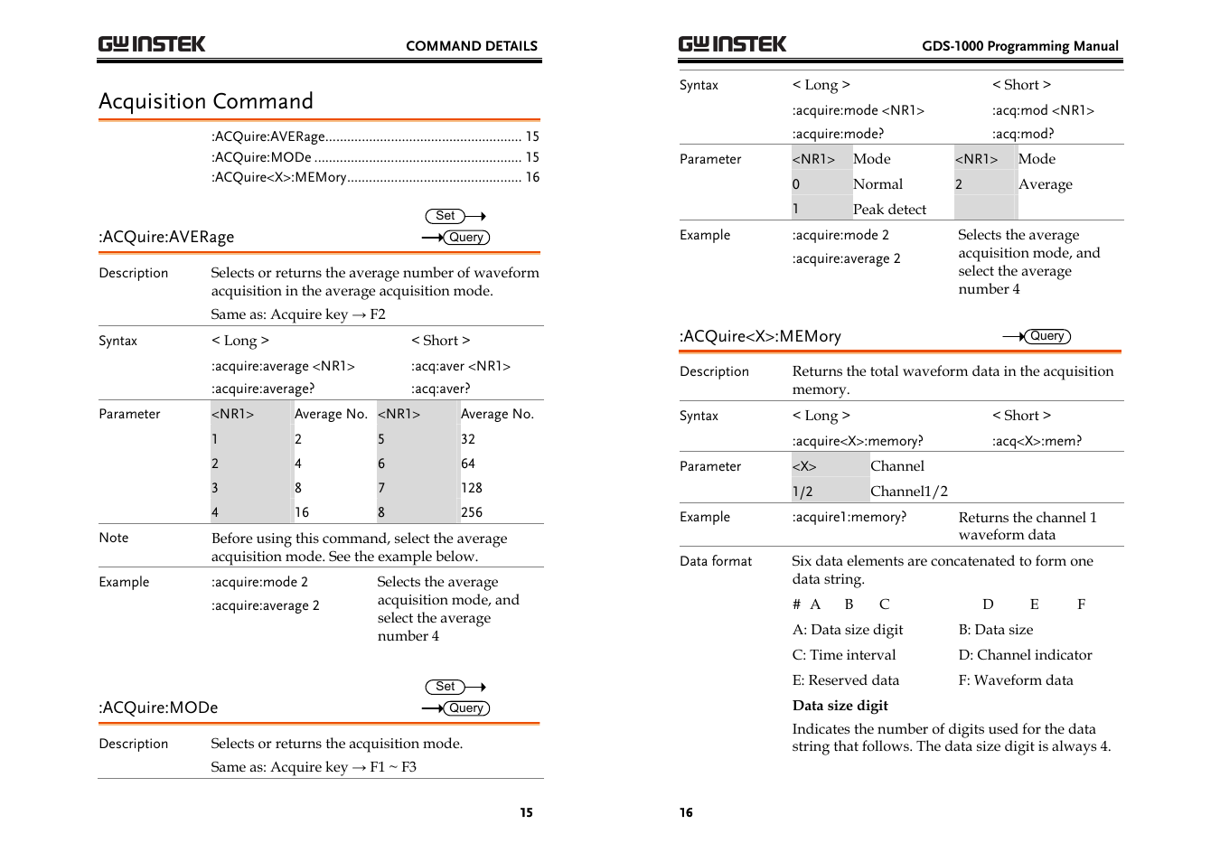 Acquisition command | GW Instek GDS-1000 Series Programming Manual User Manual | Page 8 / 29