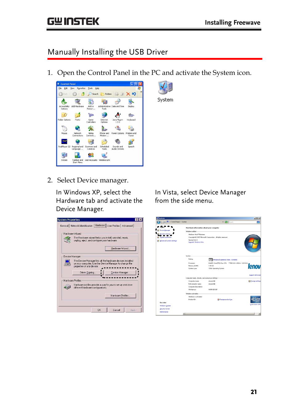 Manually installing the usb driver | GW Instek GDS-1000A Series Freewave user manual User Manual | Page 21 / 51