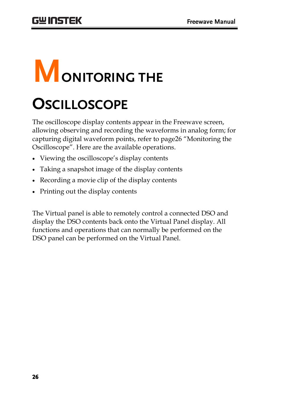 Monitoring the oscilloscope, Onitoring the, Scilloscope | GW Instek GDS-1000A Series Freewave user manual User Manual | Page 26 / 51