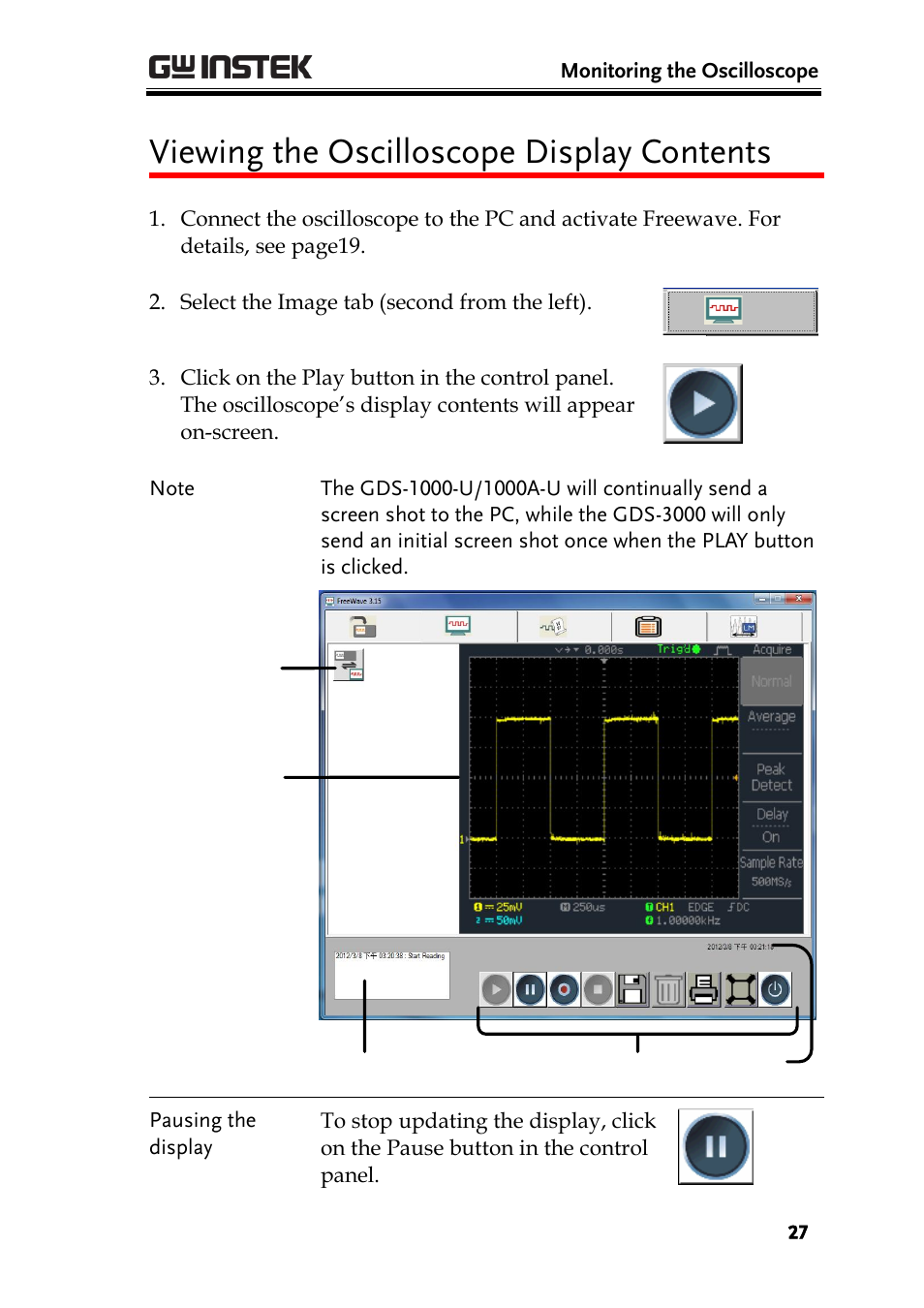 Viewing the oscilloscope display contents | GW Instek GDS-1000A Series Freewave user manual User Manual | Page 27 / 51