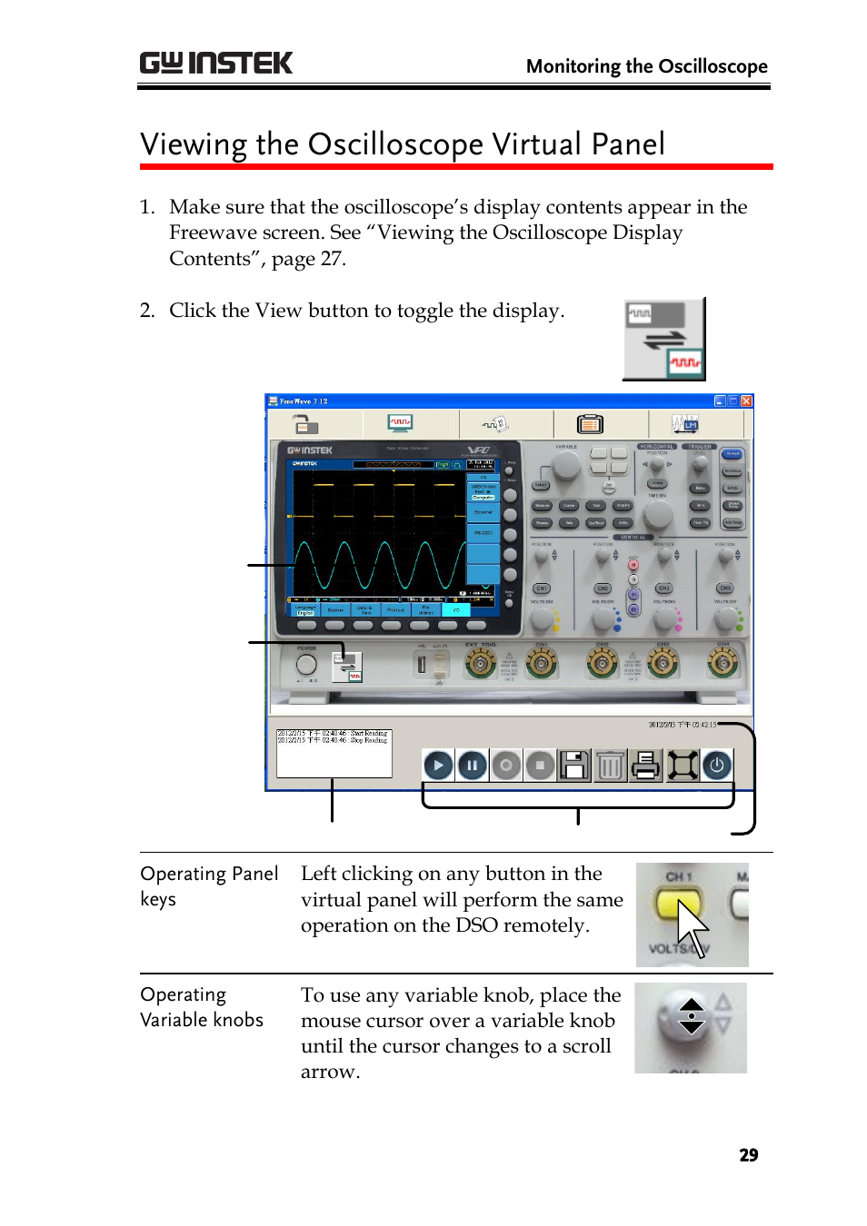 Viewing the oscilloscope virtual panel | GW Instek GDS-1000A Series Freewave user manual User Manual | Page 29 / 51