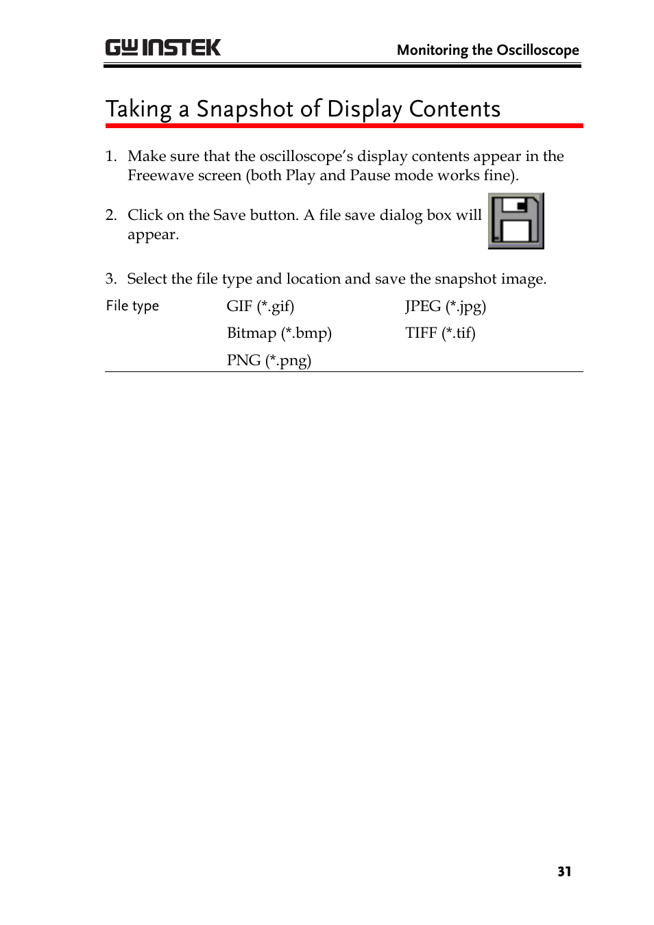 Taking a snapshot of display contents | GW Instek GDS-1000A Series Freewave user manual User Manual | Page 31 / 51