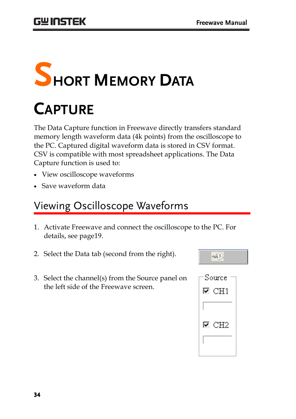 Short memory data capture, Viewing oscilloscope waveforms, Hort | Emory, Apture | GW Instek GDS-1000A Series Freewave user manual User Manual | Page 34 / 51