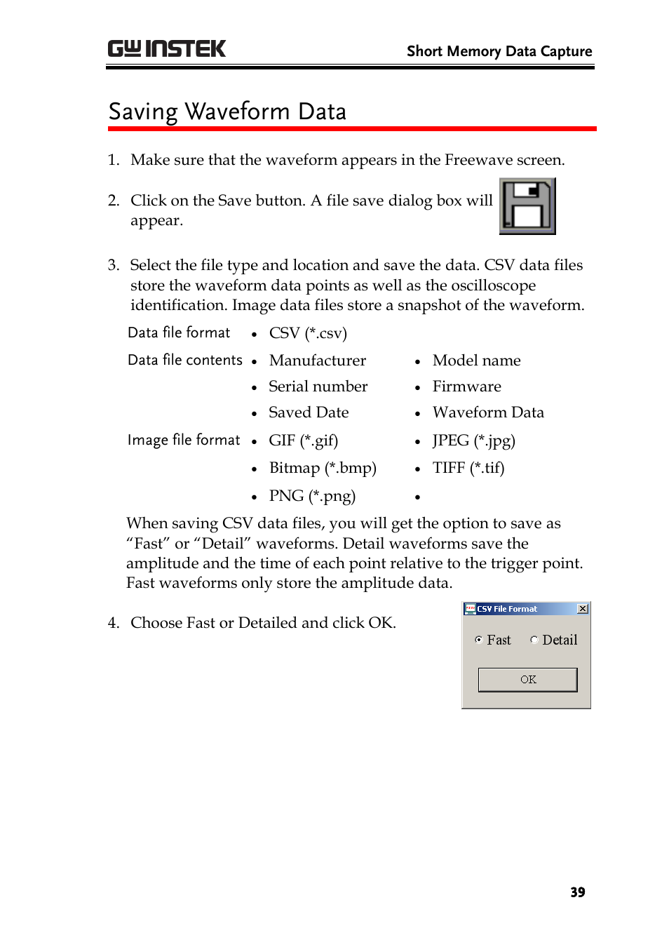 Saving waveform data | GW Instek GDS-1000A Series Freewave user manual User Manual | Page 39 / 51