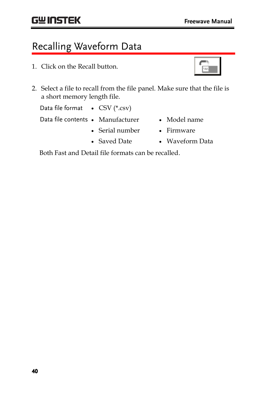Recalling waveform data | GW Instek GDS-1000A Series Freewave user manual User Manual | Page 40 / 51
