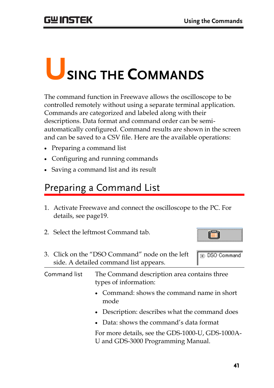 Using the commands, Preparing a command list, Sing the | Ommands | GW Instek GDS-1000A Series Freewave user manual User Manual | Page 41 / 51