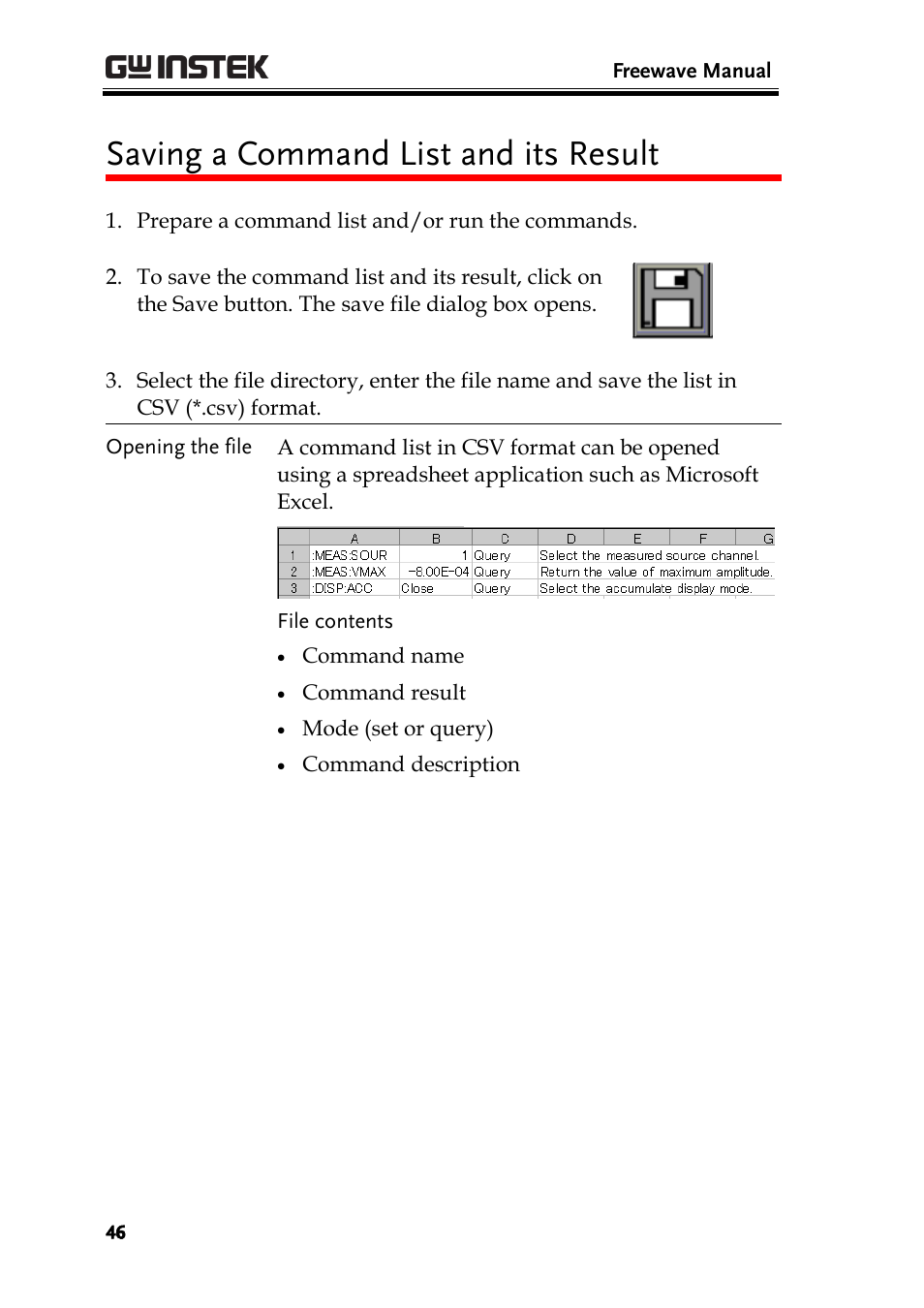 Saving a command list and its result | GW Instek GDS-1000A Series Freewave user manual User Manual | Page 46 / 51