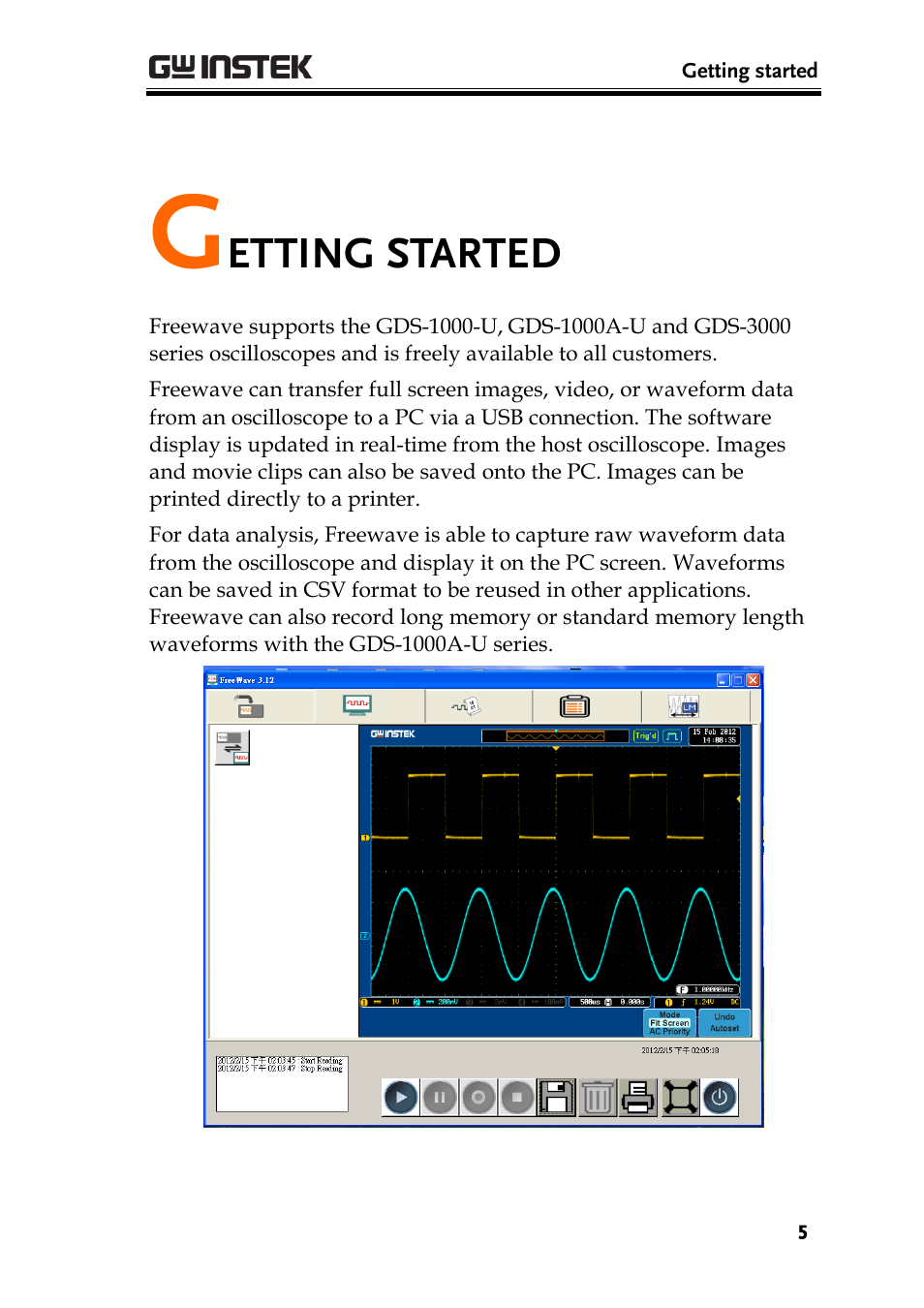 Getting started, Etting started | GW Instek GDS-1000A Series Freewave user manual User Manual | Page 5 / 51