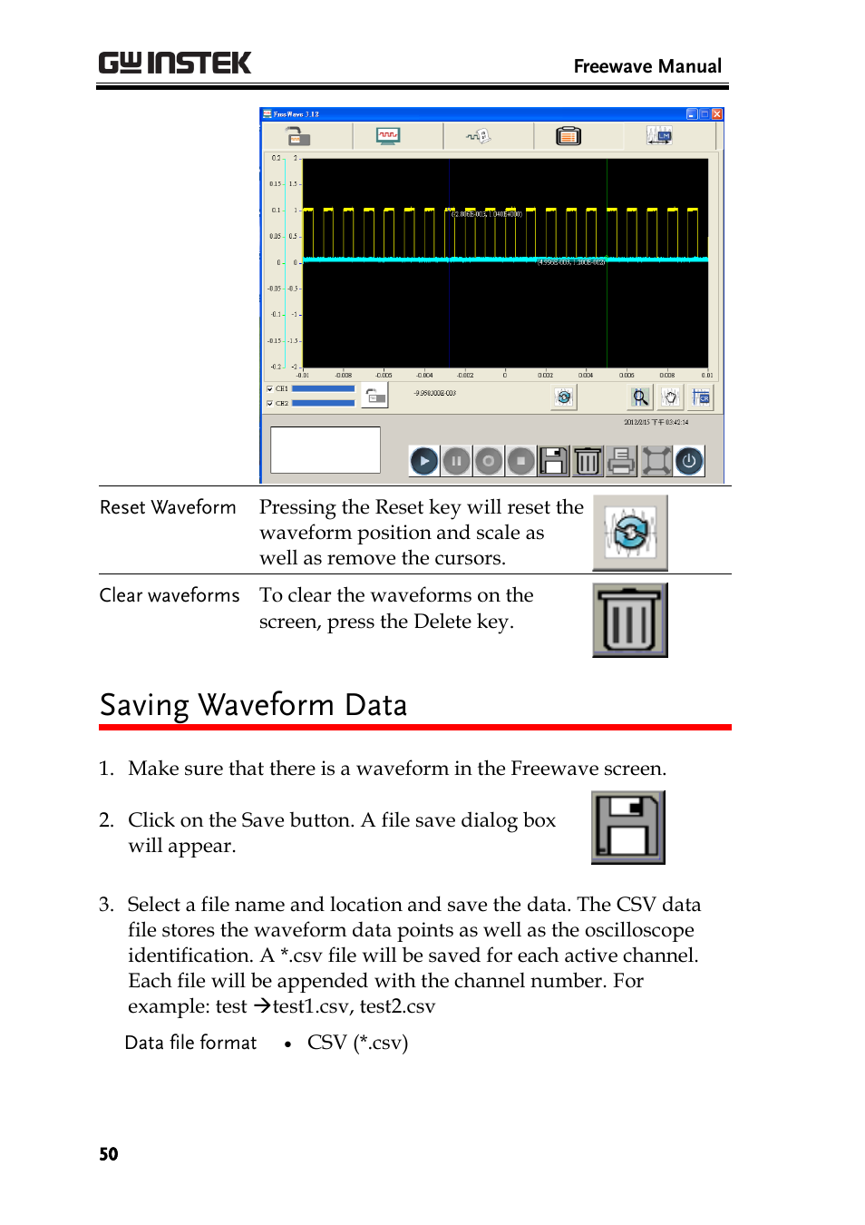 Saving waveform data | GW Instek GDS-1000A Series Freewave user manual User Manual | Page 50 / 51