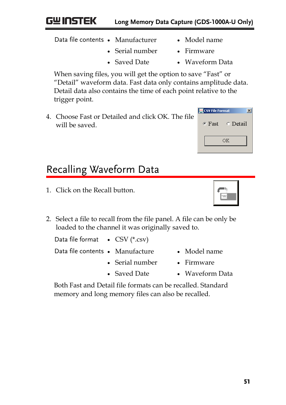 Recalling waveform data | GW Instek GDS-1000A Series Freewave user manual User Manual | Page 51 / 51