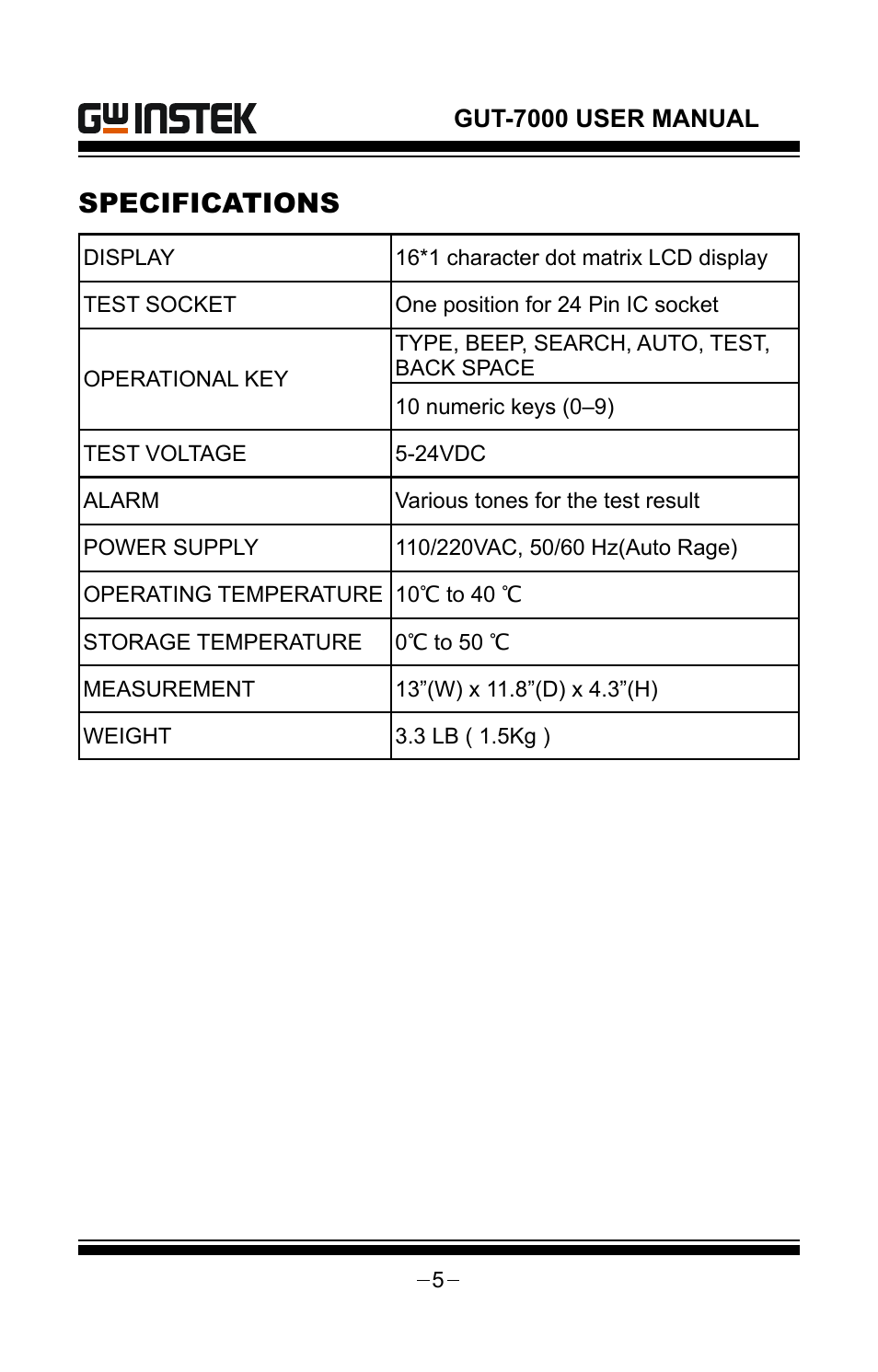 Specifications | GW Instek GUT-7000 User Manual | Page 5 / 19