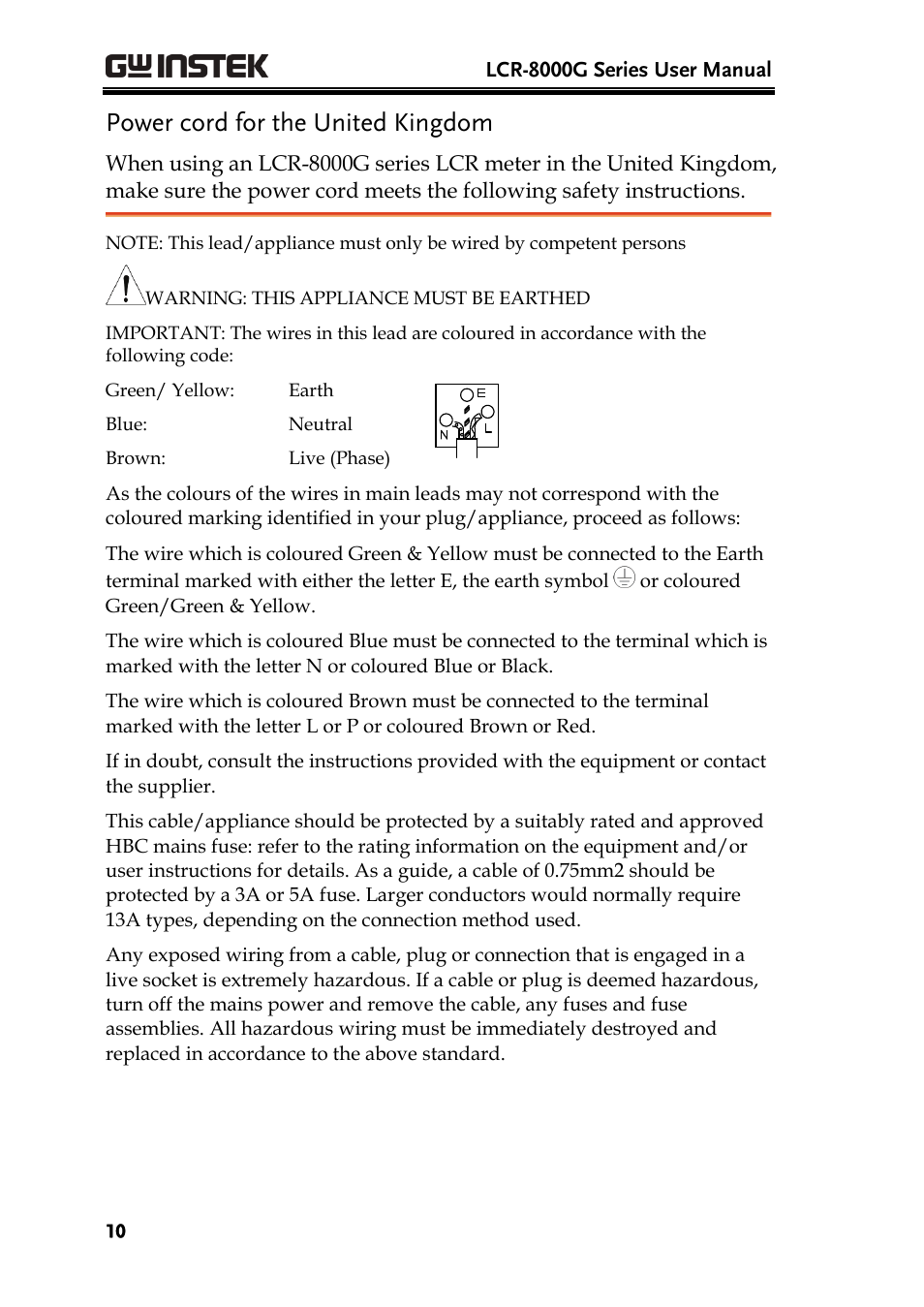 Power cord for the united kingdom | GW Instek LCR-8101 (Replaced by LCR-8101G) User Manual | Page 10 / 139
