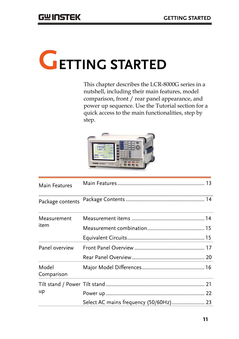 Etting started | GW Instek LCR-8101 (Replaced by LCR-8101G) User Manual | Page 11 / 139