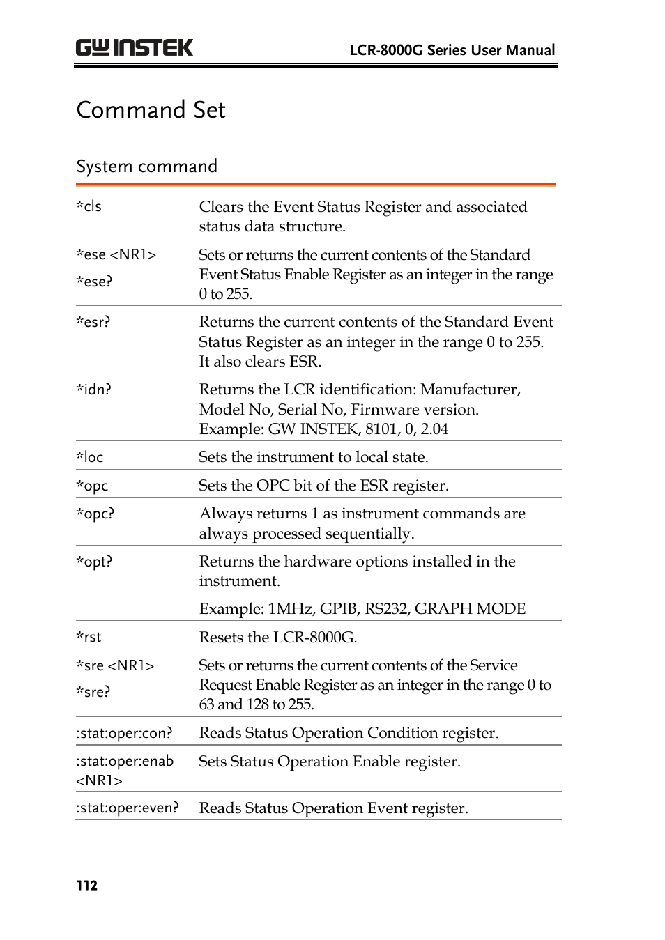 Command set, System command | GW Instek LCR-8101 (Replaced by LCR-8101G) User Manual | Page 112 / 139