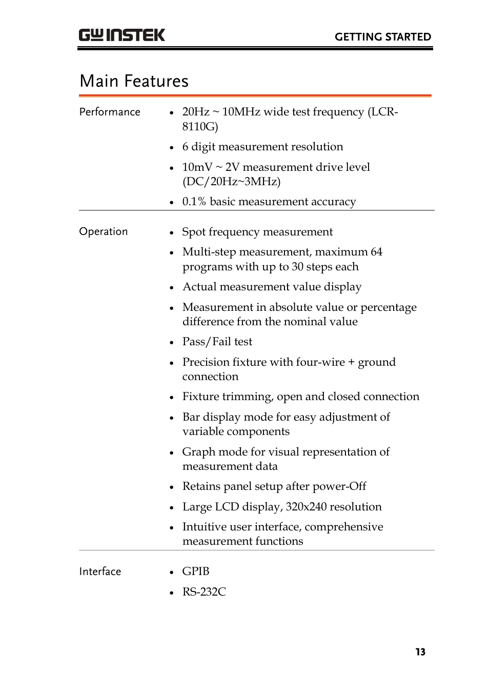 Main features | GW Instek LCR-8101 (Replaced by LCR-8101G) User Manual | Page 13 / 139