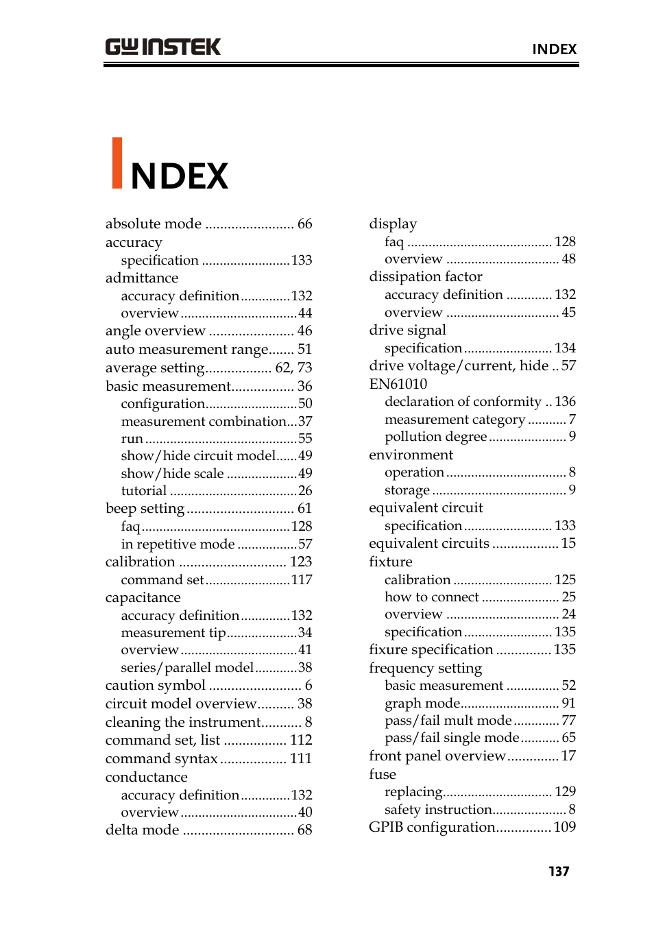 Ndex | GW Instek LCR-8101 (Replaced by LCR-8101G) User Manual | Page 137 / 139