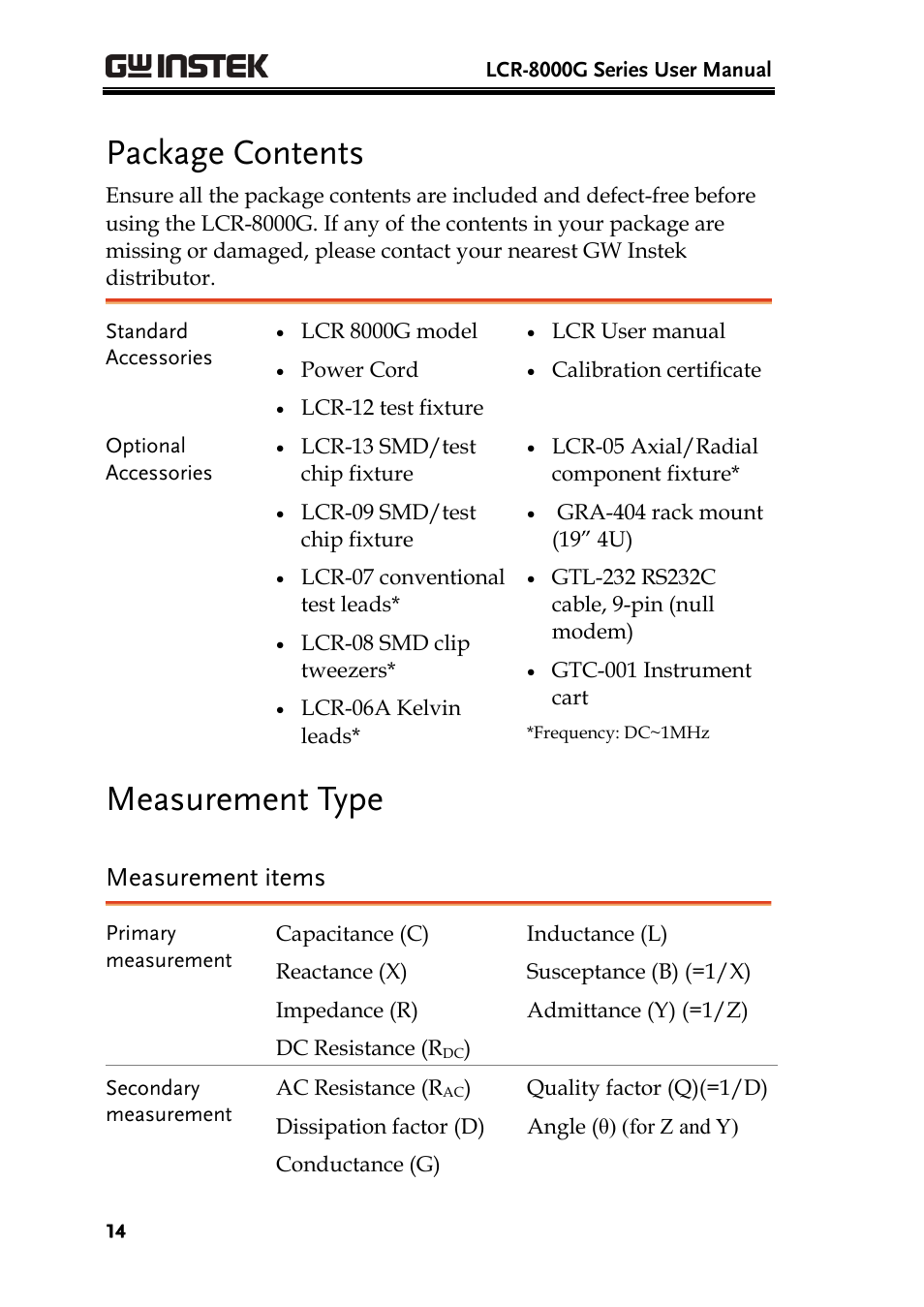 Package contents, Measurement type, Measurement items | GW Instek LCR-8101 (Replaced by LCR-8101G) User Manual | Page 14 / 139