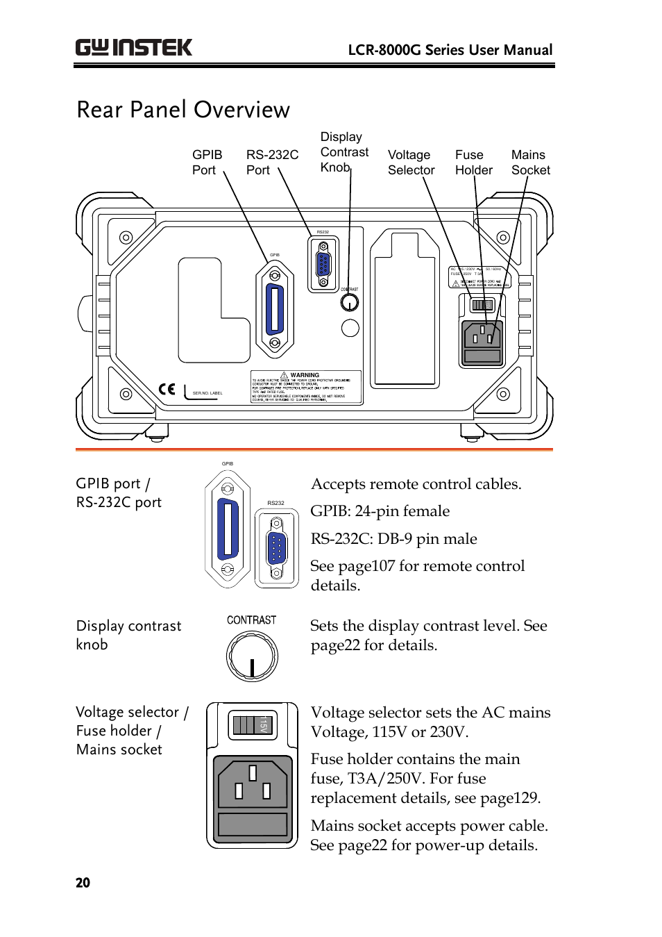 Rear panel overview, Lcr-8000g series user manual, Gpib port / rs-232c port | GW Instek LCR-8101 (Replaced by LCR-8101G) User Manual | Page 20 / 139