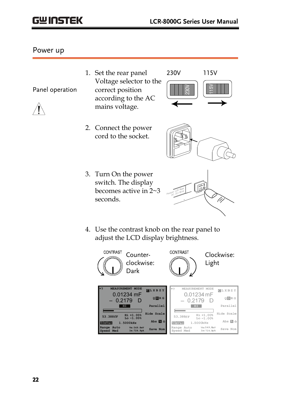 Power up, Lcr-8000g series user manual | GW Instek LCR-8101 (Replaced by LCR-8101G) User Manual | Page 22 / 139