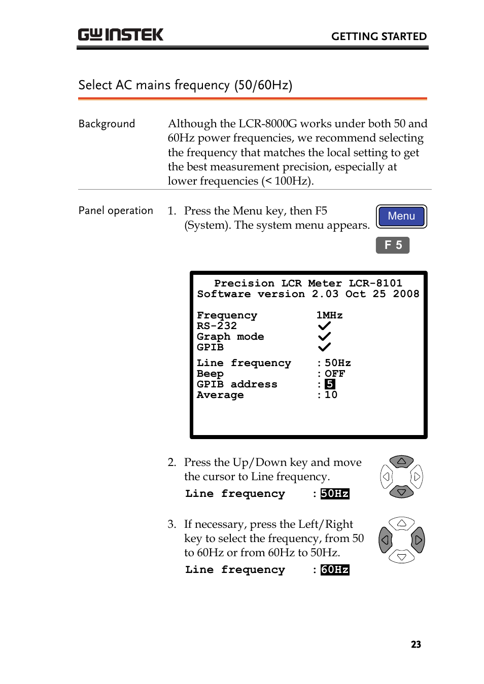 Select ac mains frequency (50/60hz) | GW Instek LCR-8101 (Replaced by LCR-8101G) User Manual | Page 23 / 139