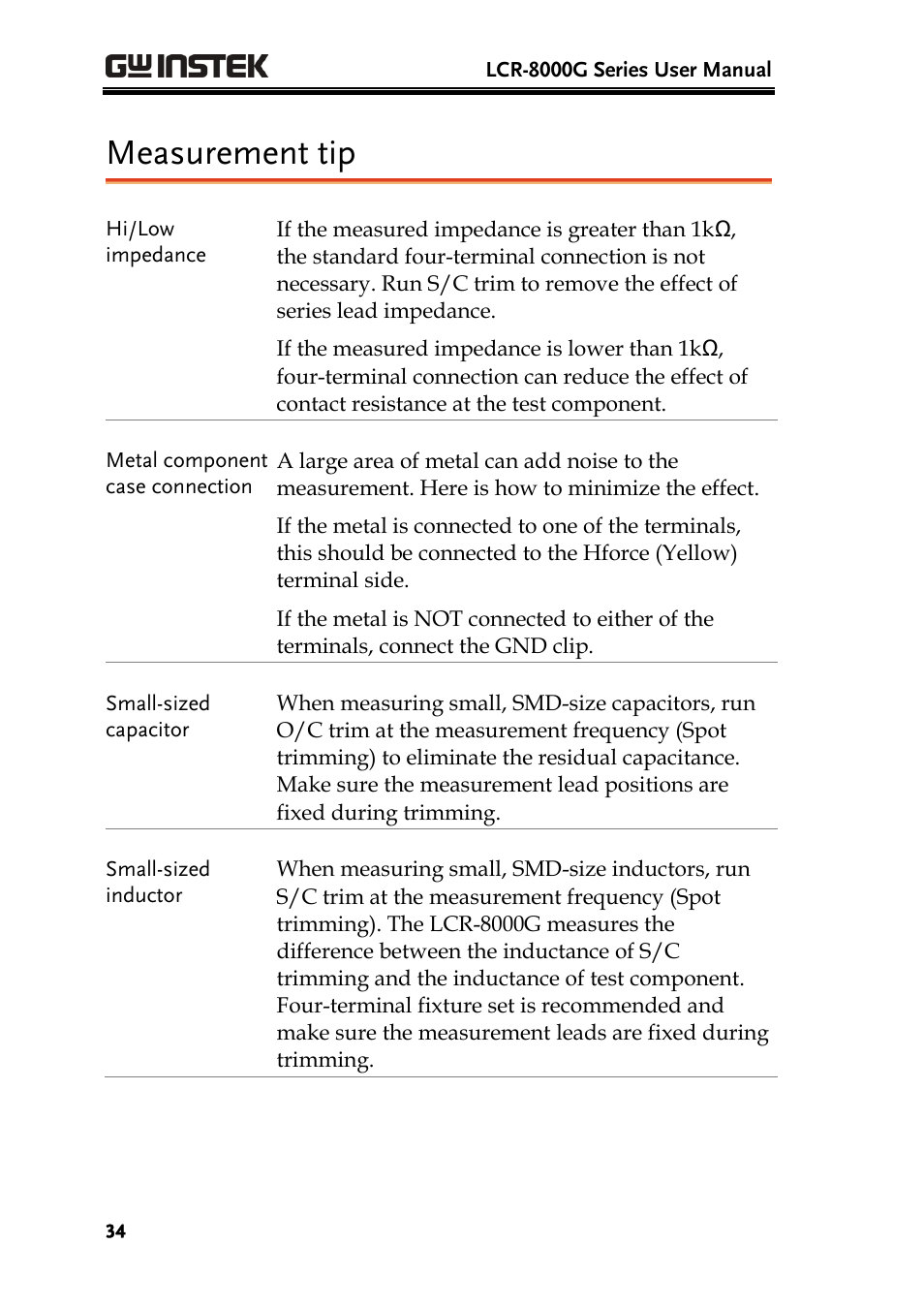 Measurement tip | GW Instek LCR-8101 (Replaced by LCR-8101G) User Manual | Page 34 / 139