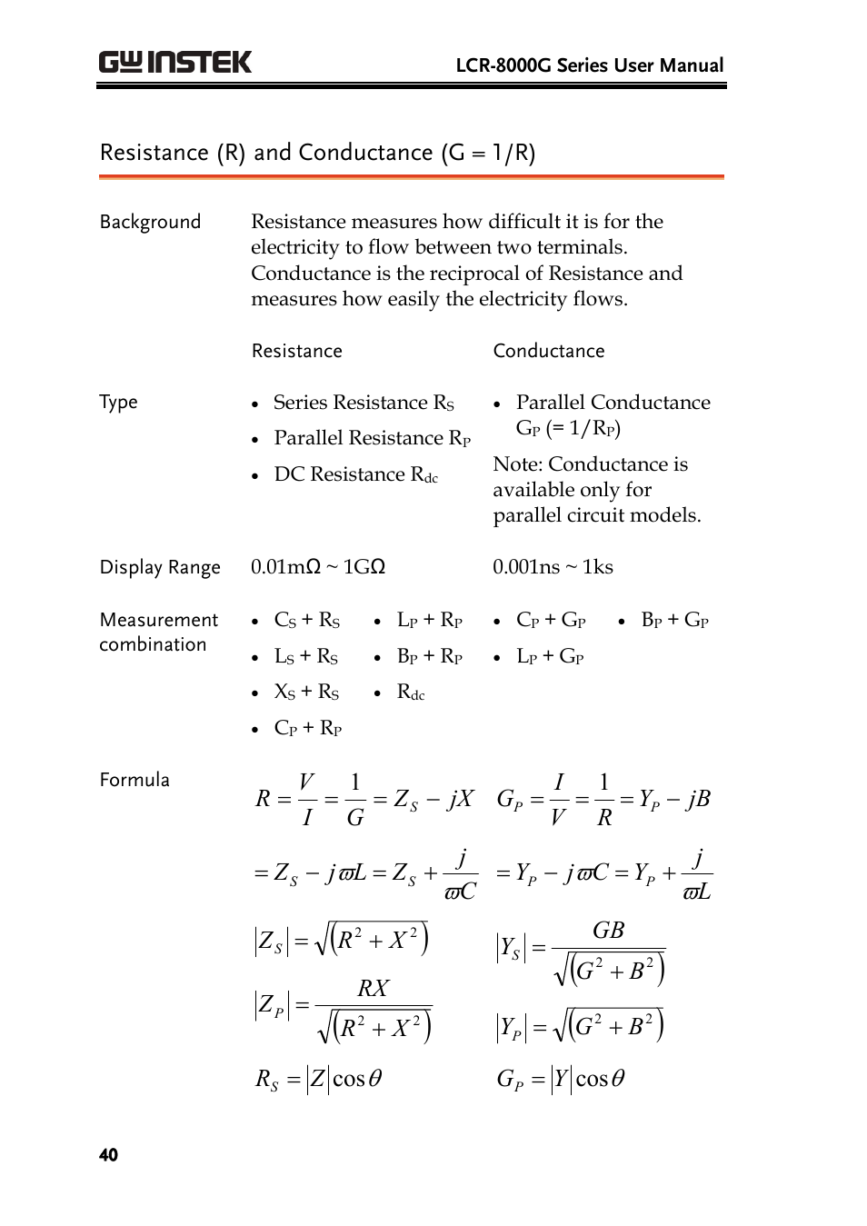 Resistance (r) and conductance (g = 1/r), Xr z, Xr rx z | Cos z r, Bg gb y, Bg y, Cos y g | GW Instek LCR-8101 (Replaced by LCR-8101G) User Manual | Page 40 / 139
