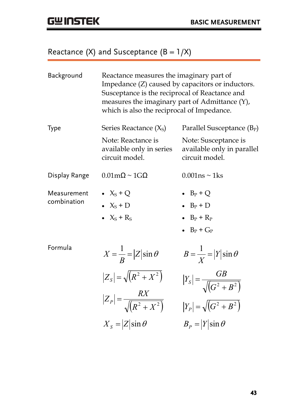 Reactance (x) and susceptance (b = 1/x), Sin 1 z b x, Xr z | Xr rx z, Sin z x, Sin 1 y x b, Bg gb y, Bg y, Sin y b | GW Instek LCR-8101 (Replaced by LCR-8101G) User Manual | Page 43 / 139