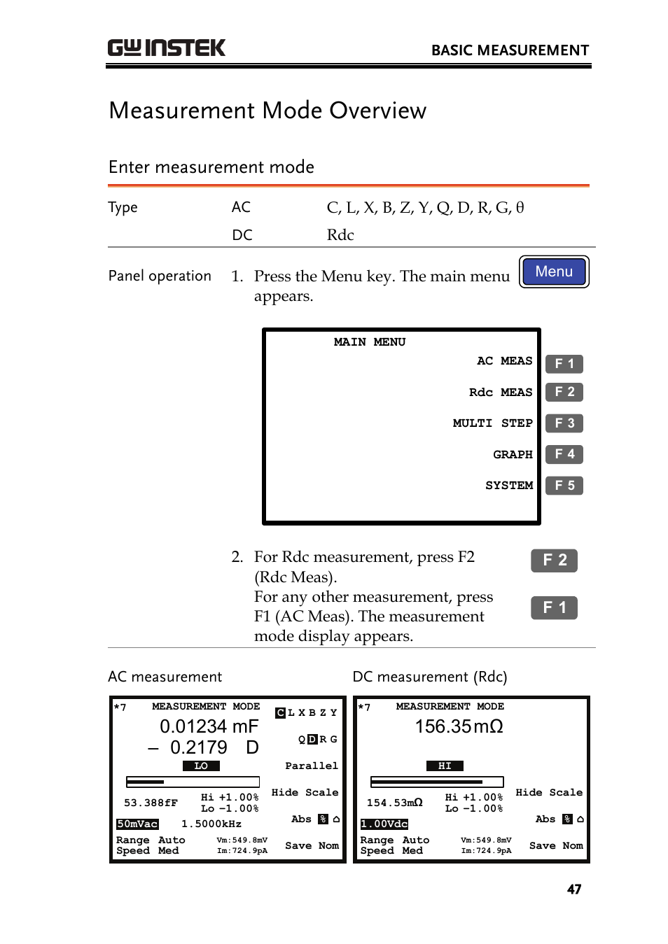 Measurement mode overview, Enter measurement mode, 35mω | GW Instek LCR-8101 (Replaced by LCR-8101G) User Manual | Page 47 / 139