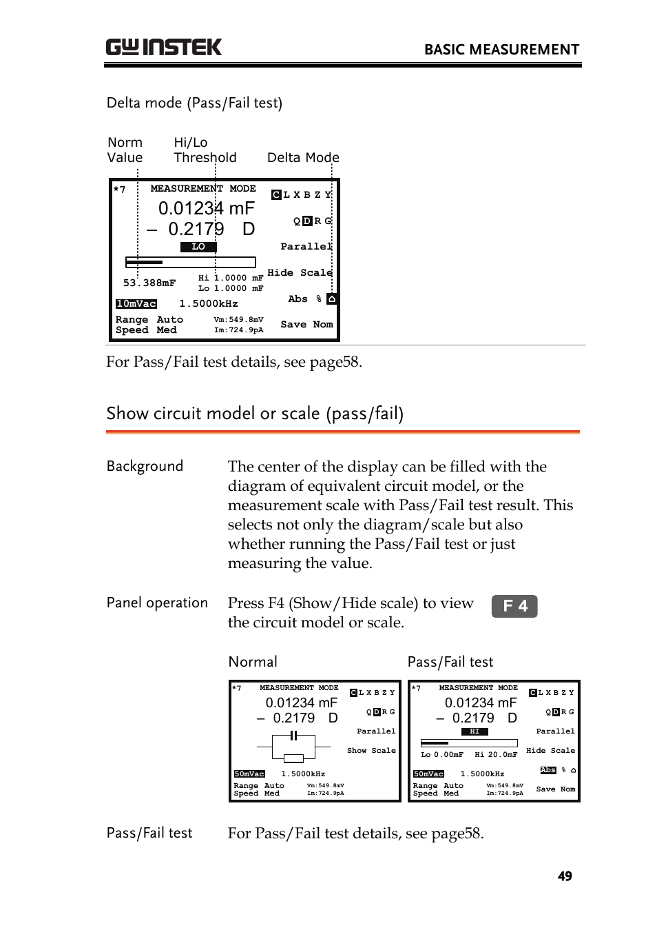 Show circuit model or scale (pass/fail), Basic measurement, Delta mode (pass/fail test) | For pass/fail test details, see page58, Pass/fail test | GW Instek LCR-8101 (Replaced by LCR-8101G) User Manual | Page 49 / 139