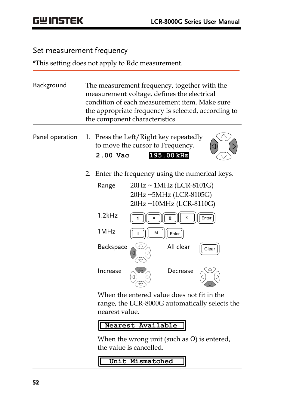 Set measurement frequency | GW Instek LCR-8101 (Replaced by LCR-8101G) User Manual | Page 52 / 139