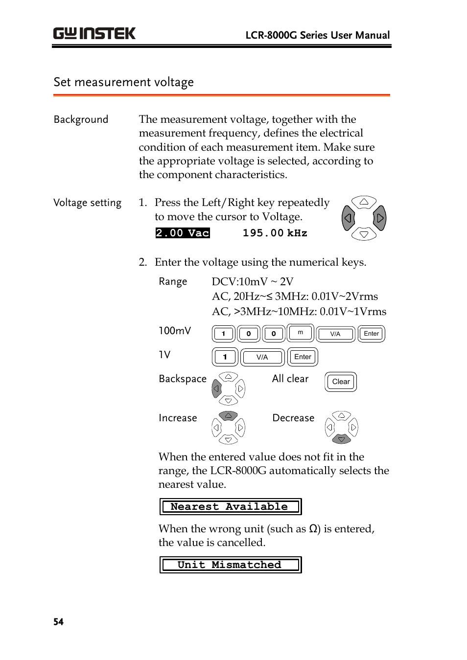 Set measurement voltage | GW Instek LCR-8101 (Replaced by LCR-8101G) User Manual | Page 54 / 139