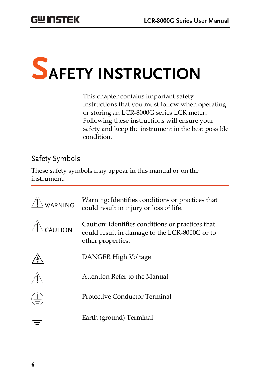 Afety instruction | GW Instek LCR-8101 (Replaced by LCR-8101G) User Manual | Page 6 / 139