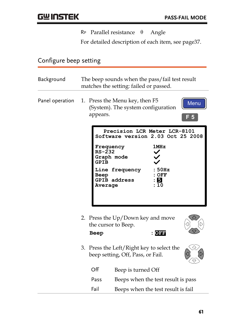 Configure beep setting | GW Instek LCR-8101 (Replaced by LCR-8101G) User Manual | Page 61 / 139