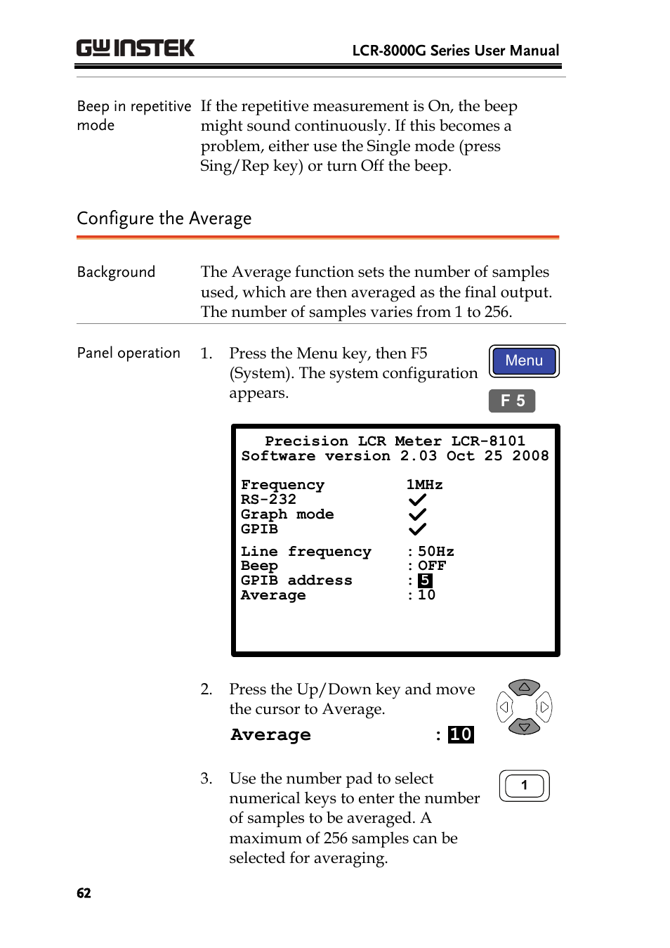 Configure the average, Average : 10 | GW Instek LCR-8101 (Replaced by LCR-8101G) User Manual | Page 62 / 139