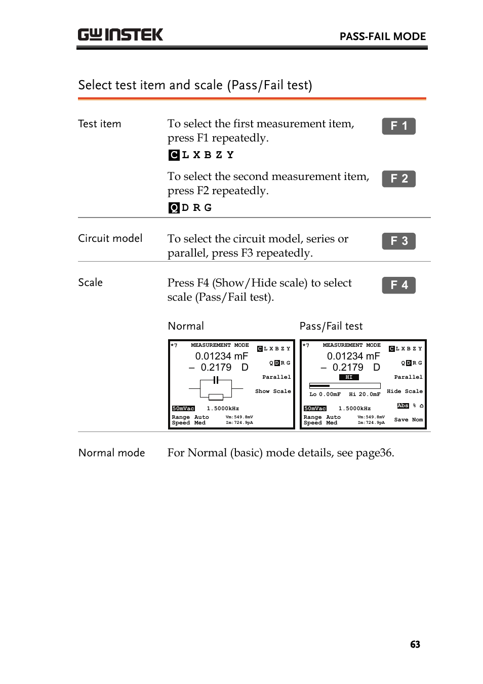Select test item and scale (pass/fail test), Qd r g, Pass-fail mode | Normal, Pass/fail test | GW Instek LCR-8101 (Replaced by LCR-8101G) User Manual | Page 63 / 139
