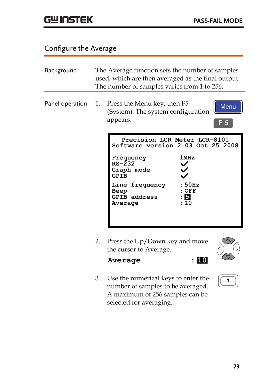 Configure the average, Average : 10 | GW Instek LCR-8101 (Replaced by LCR-8101G) User Manual | Page 73 / 139