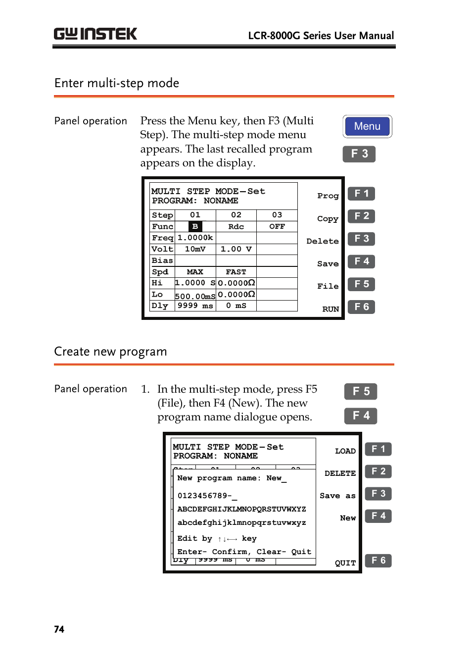 Enter multi-step mode, Create new program | GW Instek LCR-8101 (Replaced by LCR-8101G) User Manual | Page 74 / 139