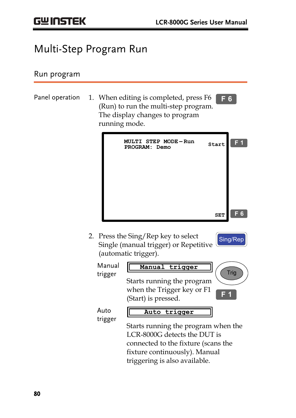 Multi-step program run, Run program | GW Instek LCR-8101 (Replaced by LCR-8101G) User Manual | Page 80 / 139