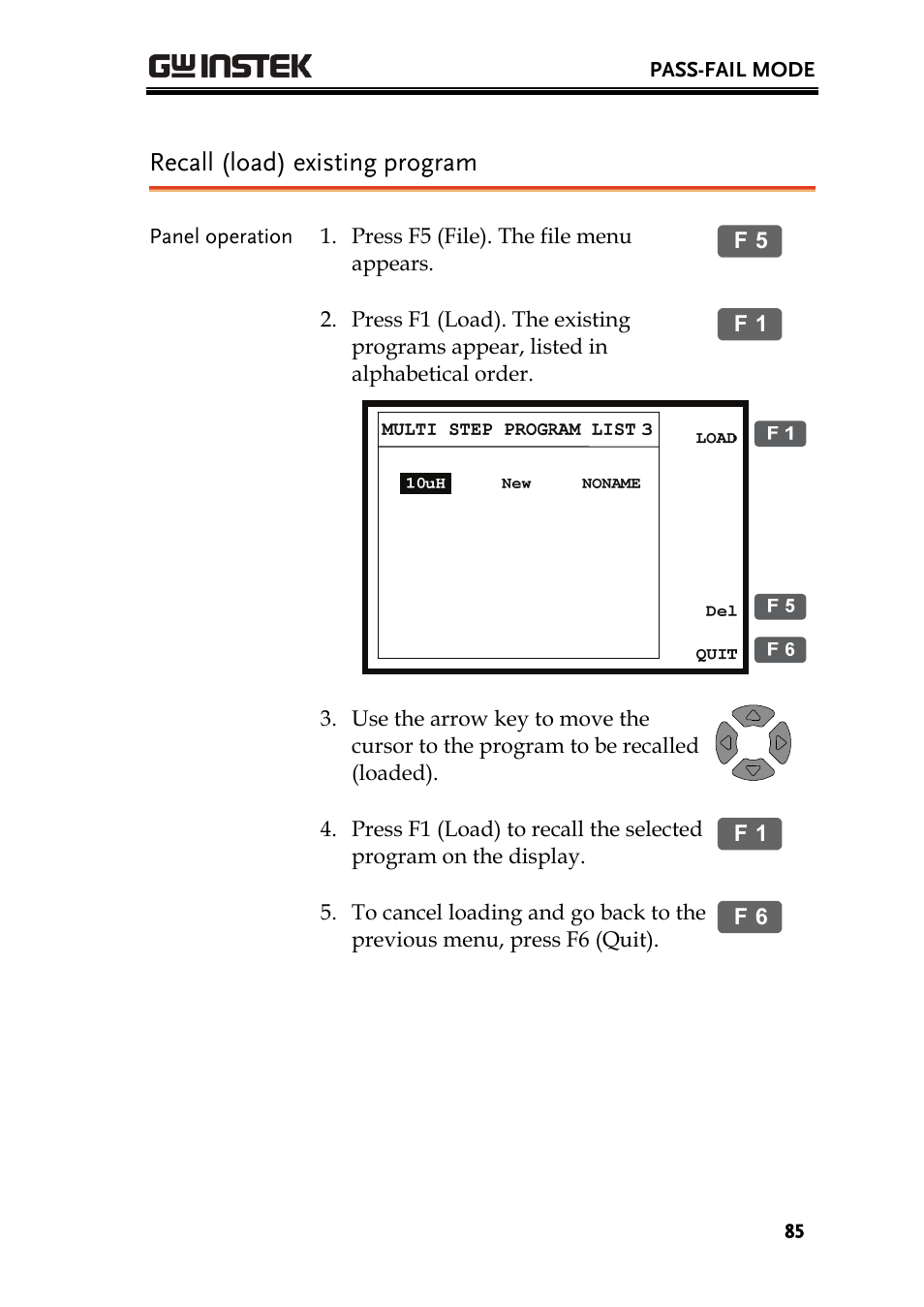 Recall (load) existing program | GW Instek LCR-8101 (Replaced by LCR-8101G) User Manual | Page 85 / 139