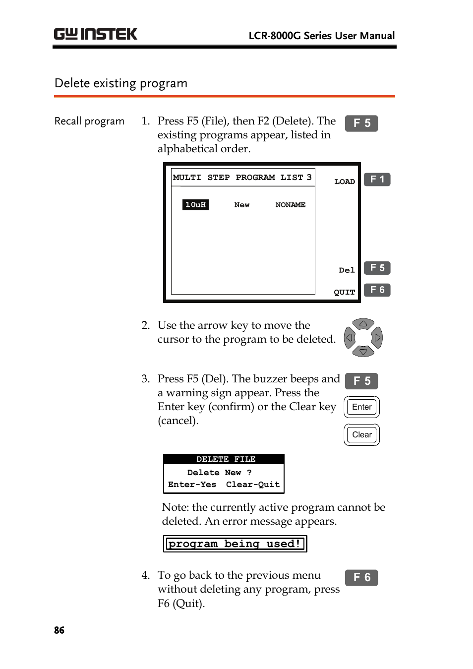Delete existing program | GW Instek LCR-8101 (Replaced by LCR-8101G) User Manual | Page 86 / 139