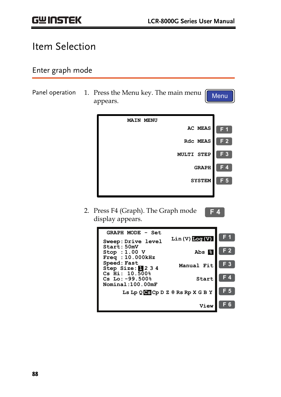Item selection, Enter graph mode | GW Instek LCR-8101 (Replaced by LCR-8101G) User Manual | Page 88 / 139