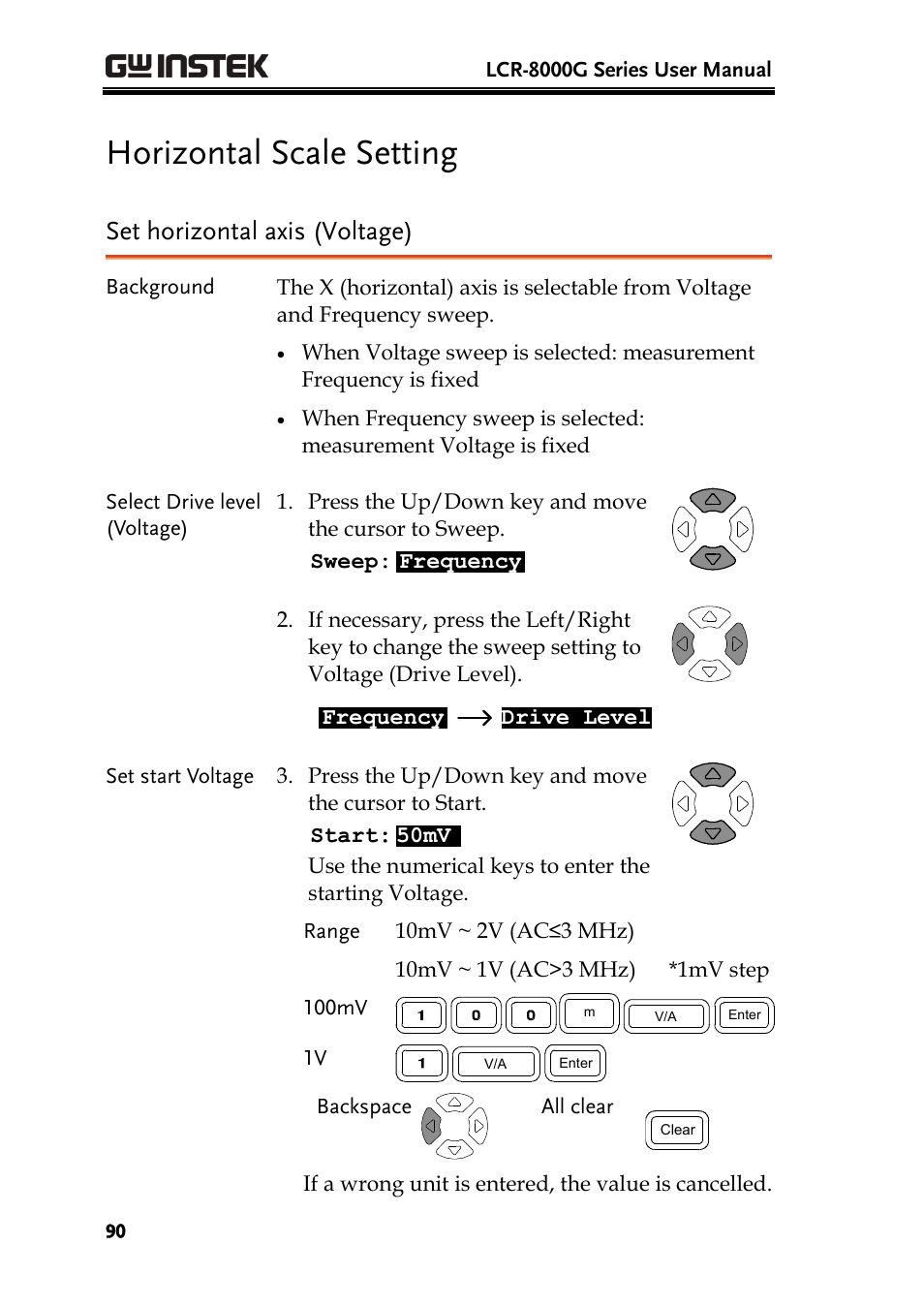 Horizontal scale setting, Set horizontal axis (voltage) | GW Instek LCR-8101 (Replaced by LCR-8101G) User Manual | Page 90 / 139