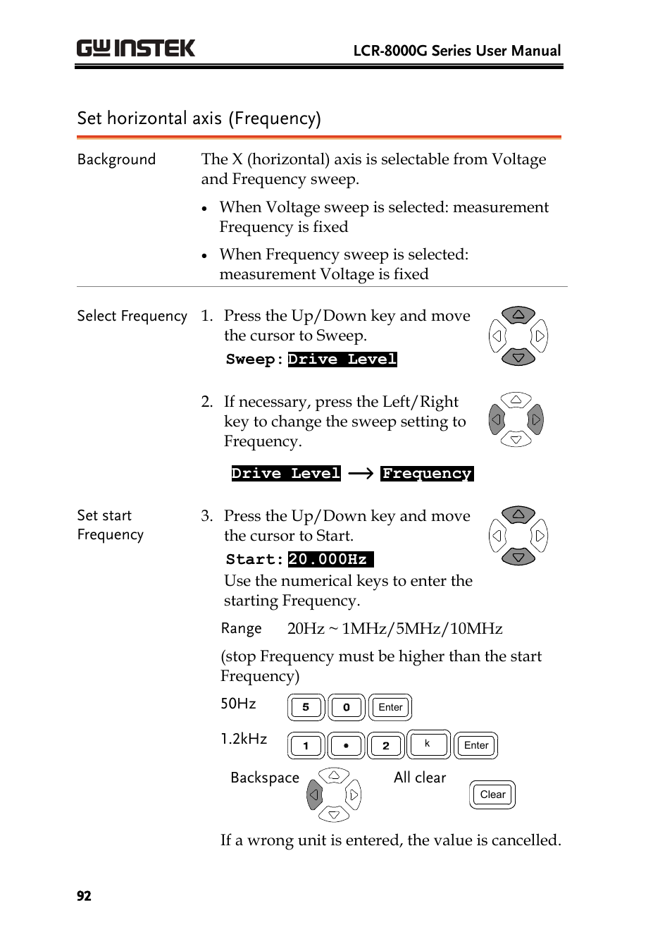 Set horizontal axis (frequency) | GW Instek LCR-8101 (Replaced by LCR-8101G) User Manual | Page 92 / 139