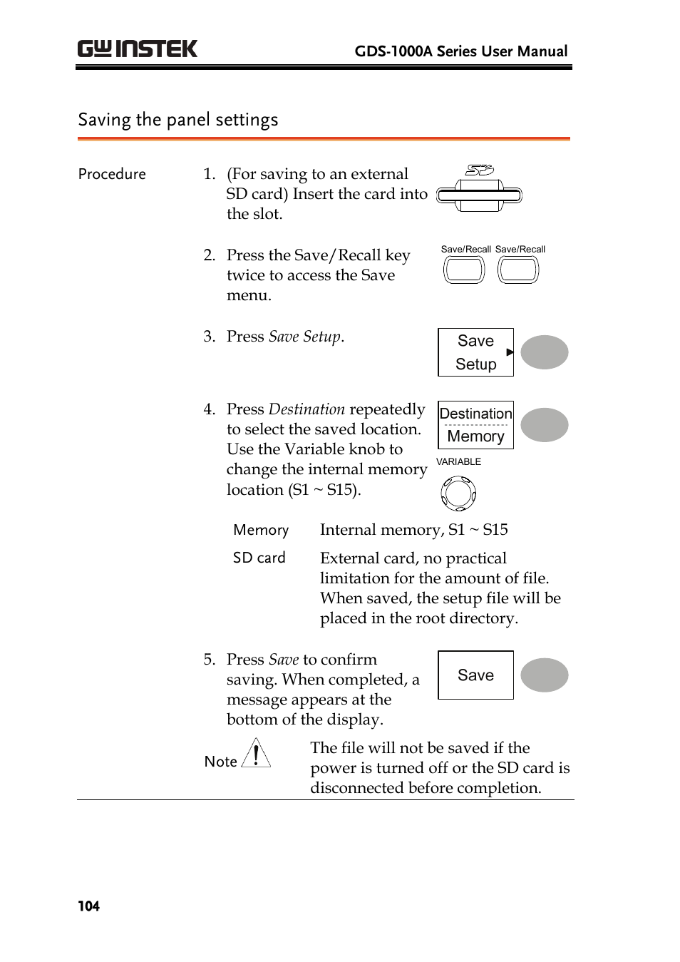 Saving the panel settings | GW Instek GDS-1000A Series User Manual User Manual | Page 104 / 135